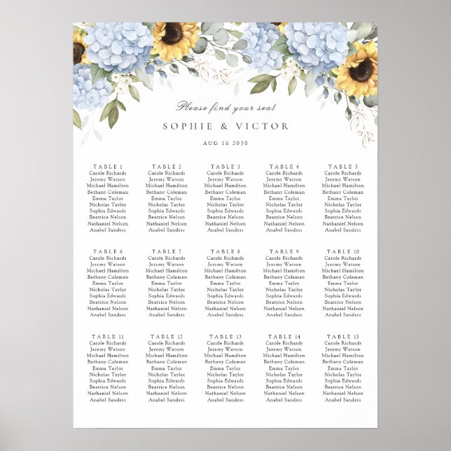 Blå Hydrangea 15 Bord Bröllop Placeringsplan Poster (Framsidan)