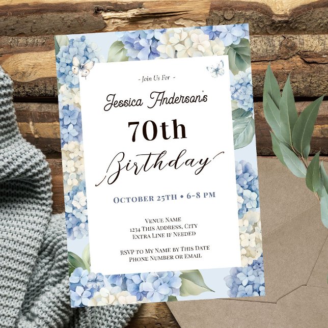 Blå Hydrangea 70-årsdag Vuxen Trädgård Inbjudningar (Skapare uppladdad)