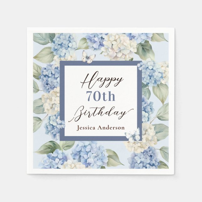 Blå Hydrangea Akvarell 70-årsdag Pappersservett (Framsidan)