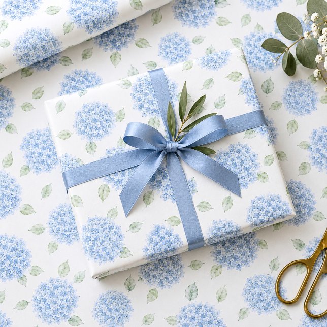 Blå Hydrangea Akvarell Blommig Bröllopspresent Presentpapper (Skapare uppladdad)