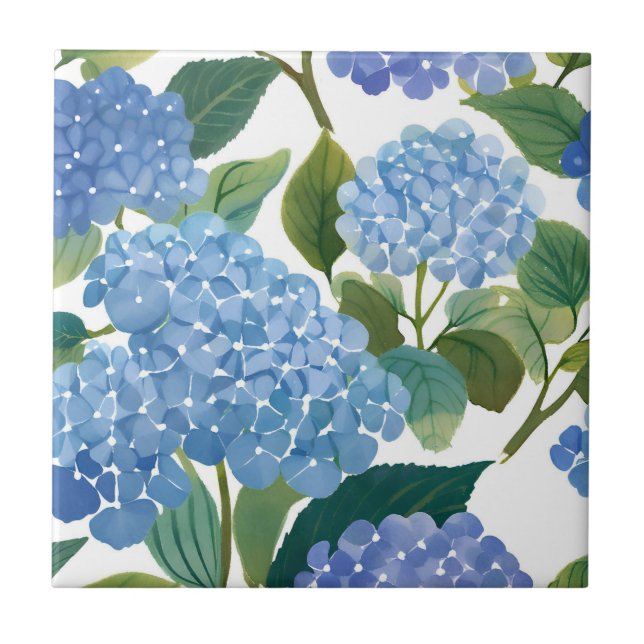 Blå Hydrangea Akvarell Blommig Kust Kakelplatta (Framsidan)