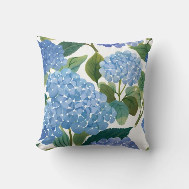 Blå Hydrangea Akvarell Blommig Kust Kudde (Framsida)