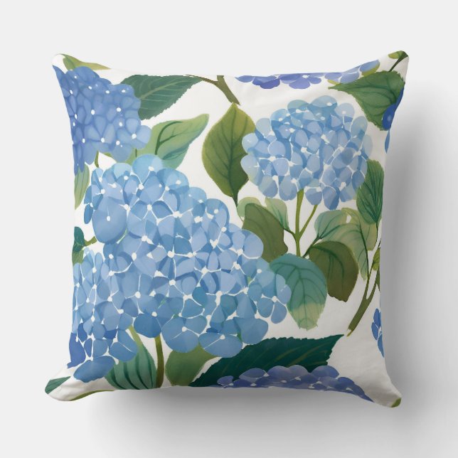 Blå Hydrangea Akvarell Blommig Kust Kudde (Framsida)