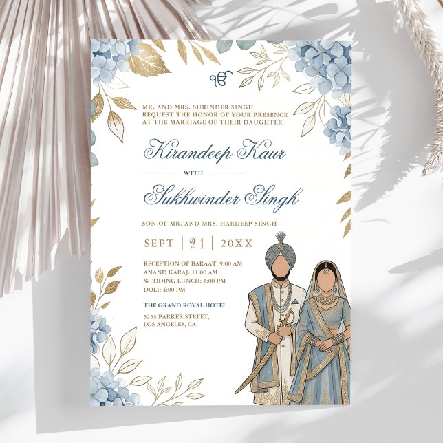 Blå Hydrangea Akvarell Blommig Sikh-Hochzeit Inbjudningar (Skapare uppladdad)