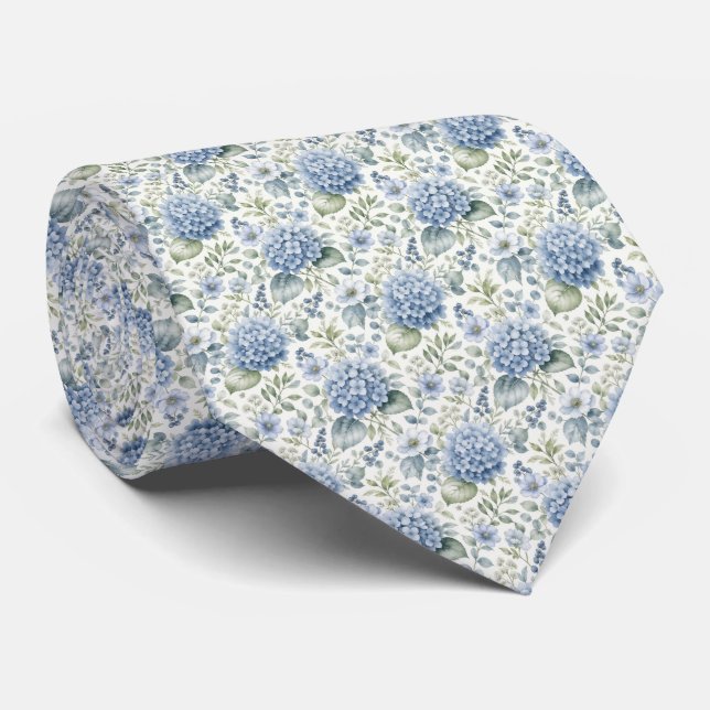 Blå Hydrangea Akvarell Blommor Bröllop Groom  Slips (Rullad)