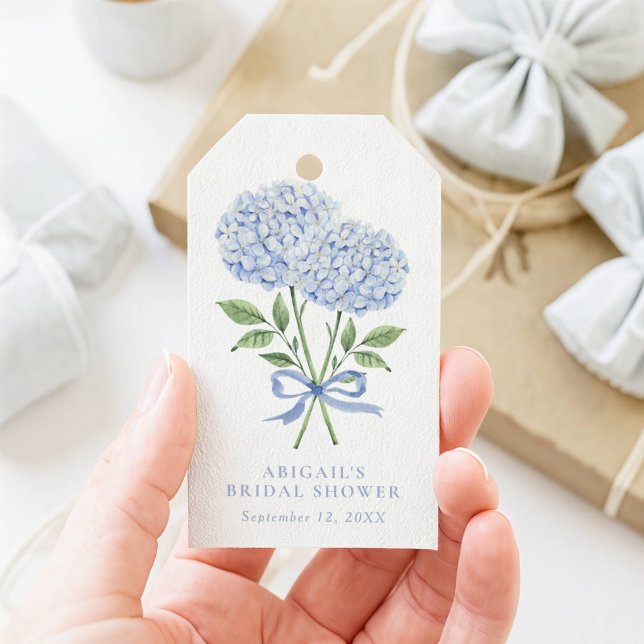 Blå Hydrangea Akvarell Blommor med Slinga Presentetikett (Skapare uppladdad)