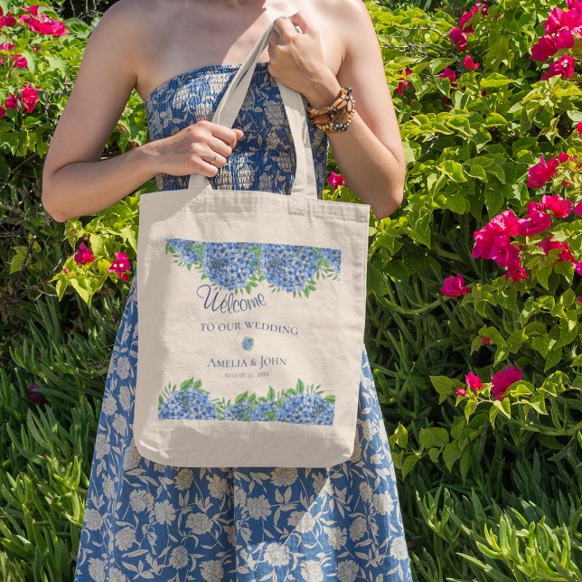 Blå Hydrangea Akvarell Bröllop Välkomstpåse Tygkasse (Skapare uppladdad)