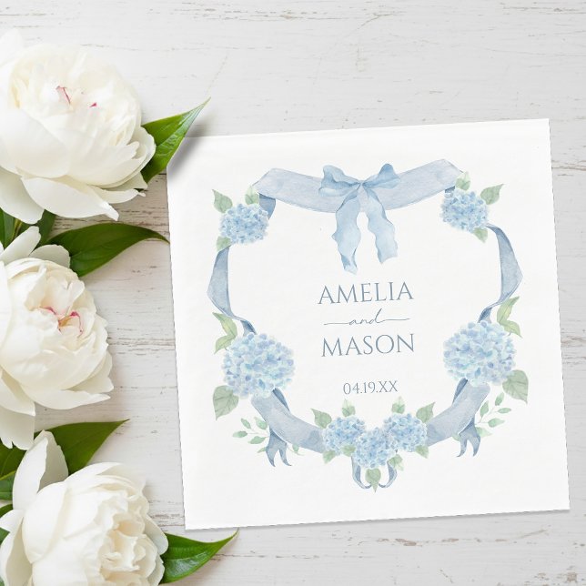 Blå Hydrangea Akvarell Crest Pappersbröllop Pappersservett (Blue Hydrangea Watercolor Crest Paper Wedding Napkins)