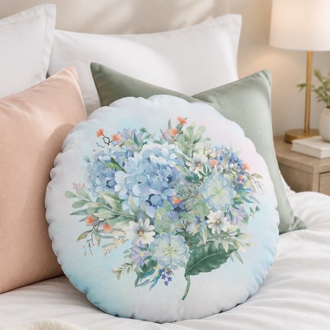 Blå Hydrangea Akvarell Rund Kudd Kudde (Skapare uppladdad)