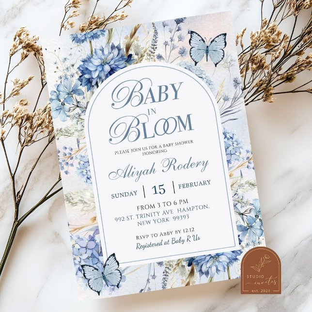 Blå Hydrangea Baby i Bloom Baby Shower Inbjudningar (Skapare uppladdad)