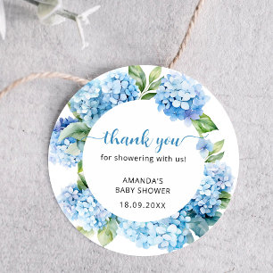 Blå Hydrangea Baby Shower Tacksamhetskort Runt Klistermärke