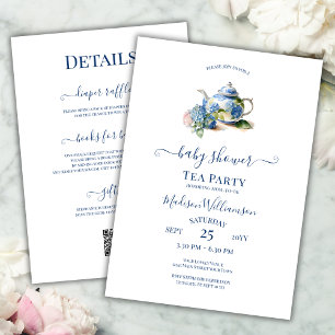 Blå Hydrangea Baby Shower Tea Party QR-kod Inbjudningar