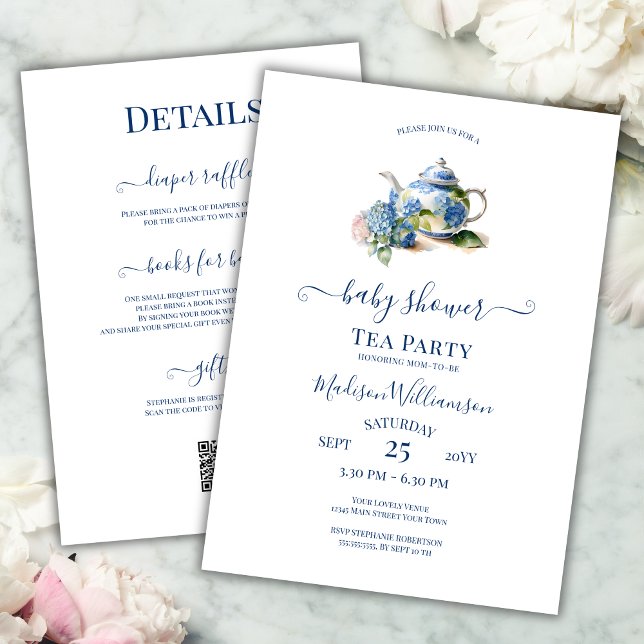 Blå Hydrangea Baby Shower Tea Party QR-kod Inbjudningar (Skapare uppladdad)