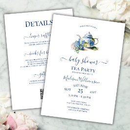 Blå Hydrangea Baby Shower Tekvartajé QR-kod Inbjudningar
