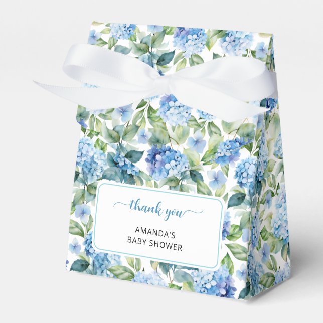 Blå Hydrangea Babyfirande Tack Kort Presentaskar (Framsidan Sidan)