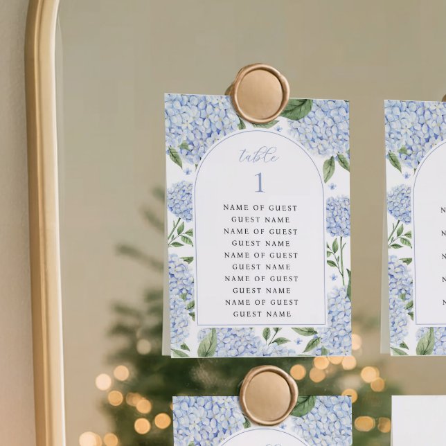 Blå Hydrangea Båge Bordskort med Gästnamn  (Skapare uppladdad)