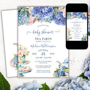 Blå Hydrangea Bebis Shower Tekalkaffe Inbjudningar
