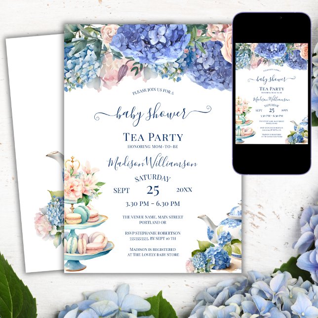 Blå Hydrangea Bebis Shower Tekalkaffe Inbjudningar (Skapare uppladdad)