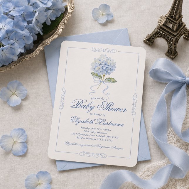 Blå Hydrangea Blå Band Baby Shower Inbjudan (Blue Hydrangea Blue Bow Baby Shower Invitation)