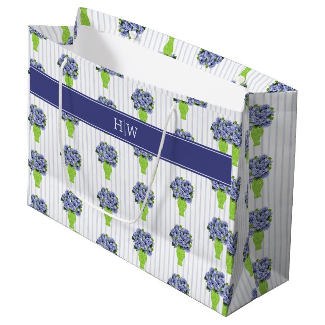 Blå Hydrangea Blå Randig Kust Monogram (Framsidan Vinklad)