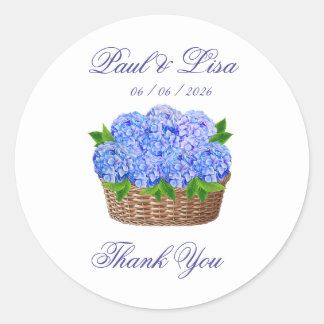 Blå Hydrangea Blombukett Monogram Bröllopspresent Runt Klistermärke