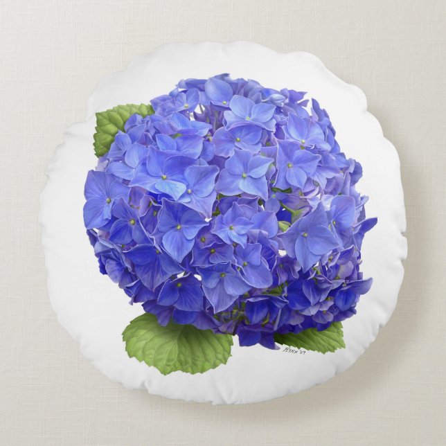 Blå Hydrangea Blomma Rund Kudde (Framsidan)