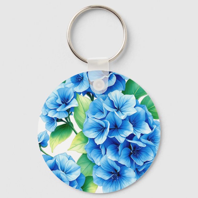 Blå Hydrangea Blommar Blommönster Nyckelring (Framsida)