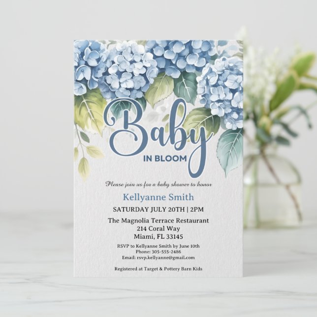 Blå Hydrangea Blommig "Baby In Bloom" Dopp Inbjudningar (Stående Fram)