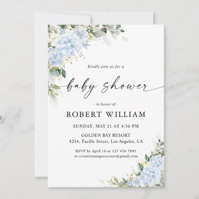 Blå Hydrangea Blommig Baby Shower Inbjudan (Framsida)