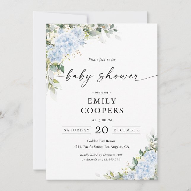 Blå Hydrangea Blommig Baby Shower Inbjudan (Framsida)