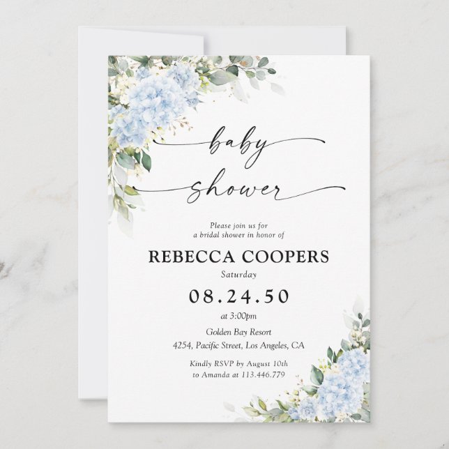 Blå Hydrangea Blommig Baby Shower Inbjudan (Framsida)