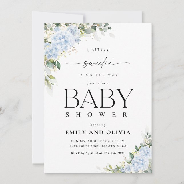 Blå Hydrangea Blommig Baby Shower Inbjudan (Framsida)