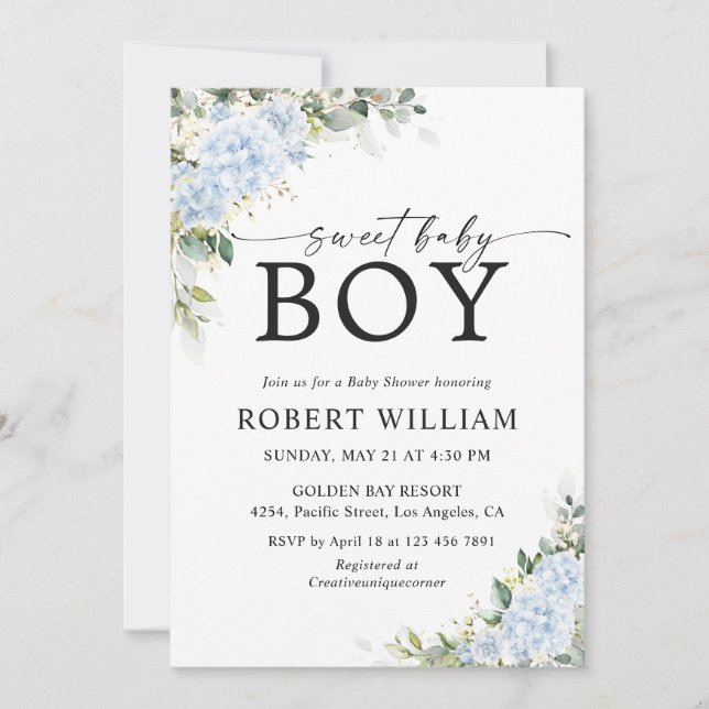 Blå Hydrangea Blommig Baby Shower Inbjudan (Framsida)