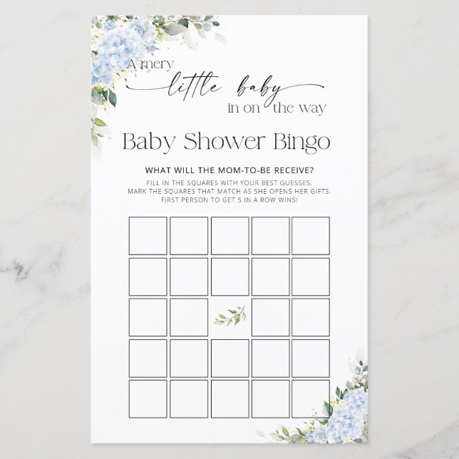 Blå Hydrangea Blommig Baby Shower Spel Bingo (Framsida)