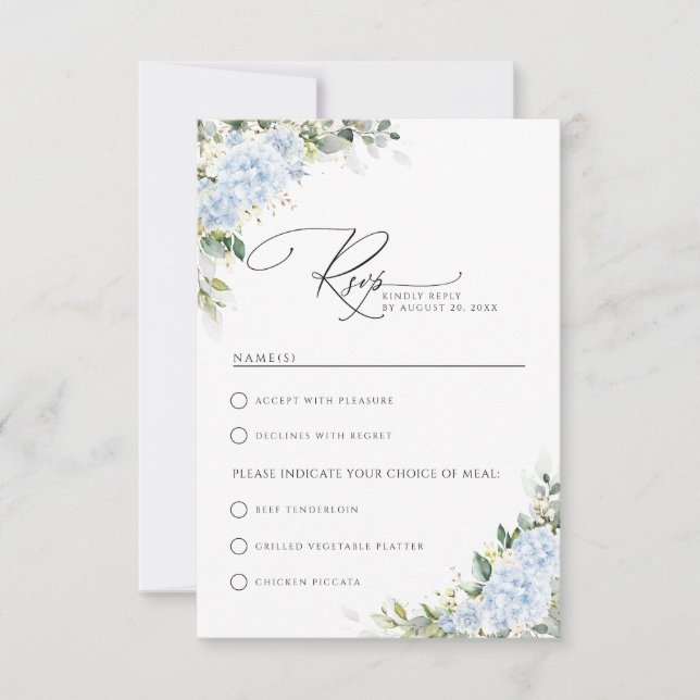 Blå Hydrangea Blommig Bröllop Med Måltidsval RSVP OSA Kort (Framsida)