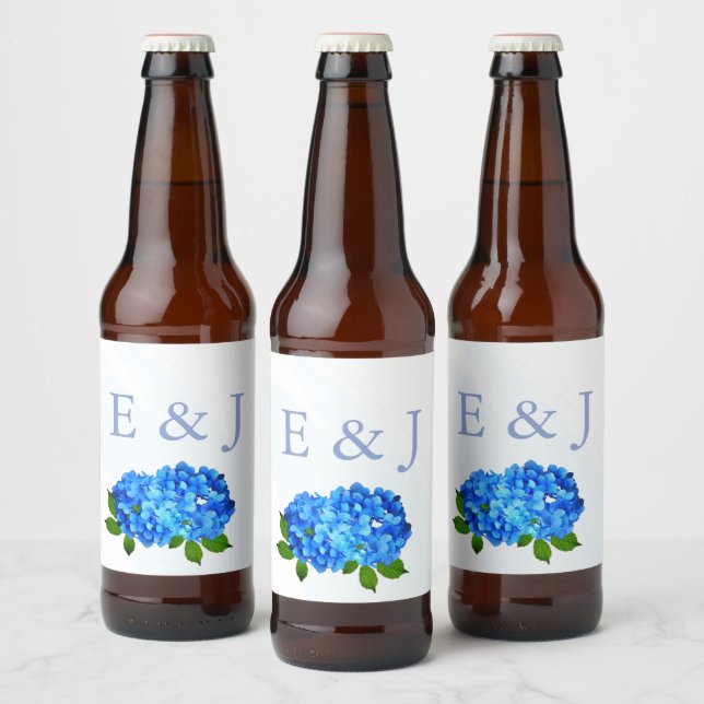 Blå Hydrangea Blommig Bröllop Ölflaska Etikett (Flaskor)