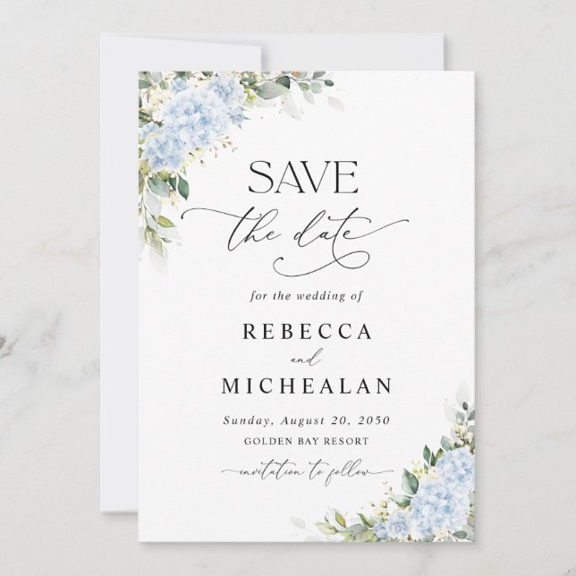 Blå Hydrangea Blommig Bröllop Spara Datum Inbjudningar (Framsida)