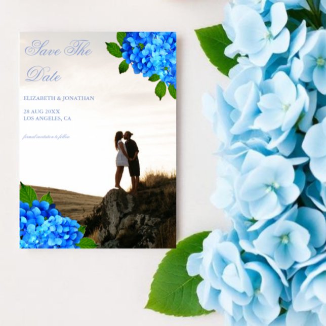 Blå Hydrangea Blommig Bröllop Spara Datumet (Skapare uppladdad)