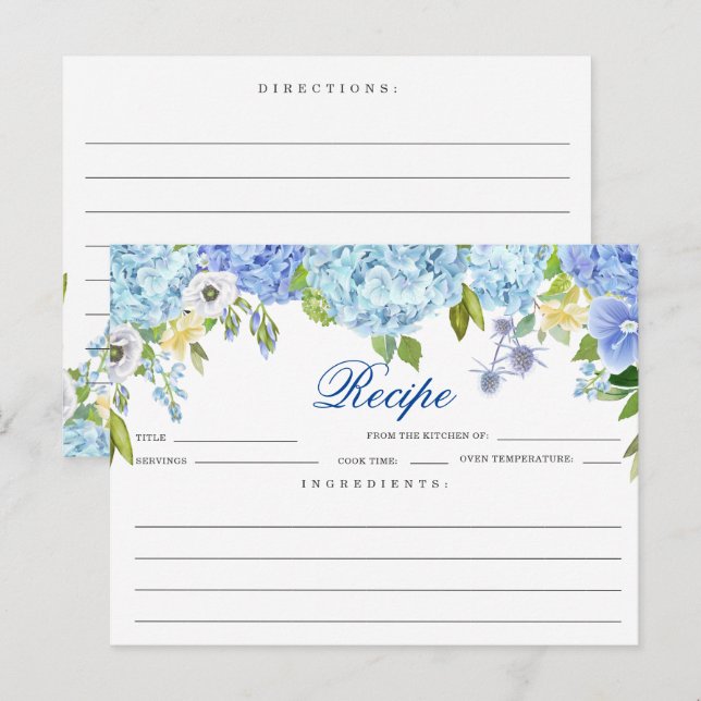 Blå Hydrangea Blommig Bröllopsdusch Receptkort Vykort (Fram/baksida)