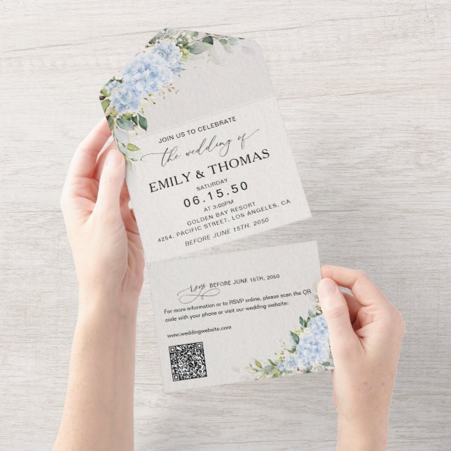 Blå Hydrangea Blommig Bröllopsinbjudan Allt-i-ett (Avrivbar del)