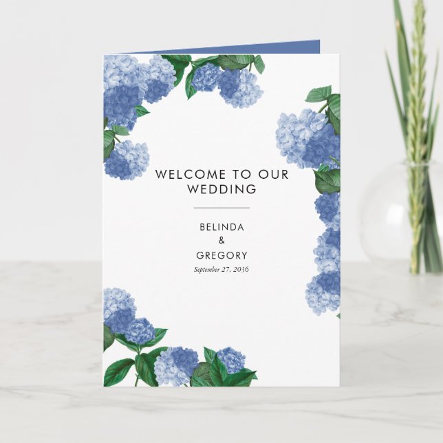 Blå Hydrangea Blommig Bröllopsordning Program (Framsida)
