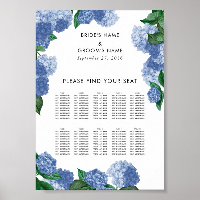 Blå Hydrangea Blommig Bröllopsställningsdiagram Poster (Framsidan)