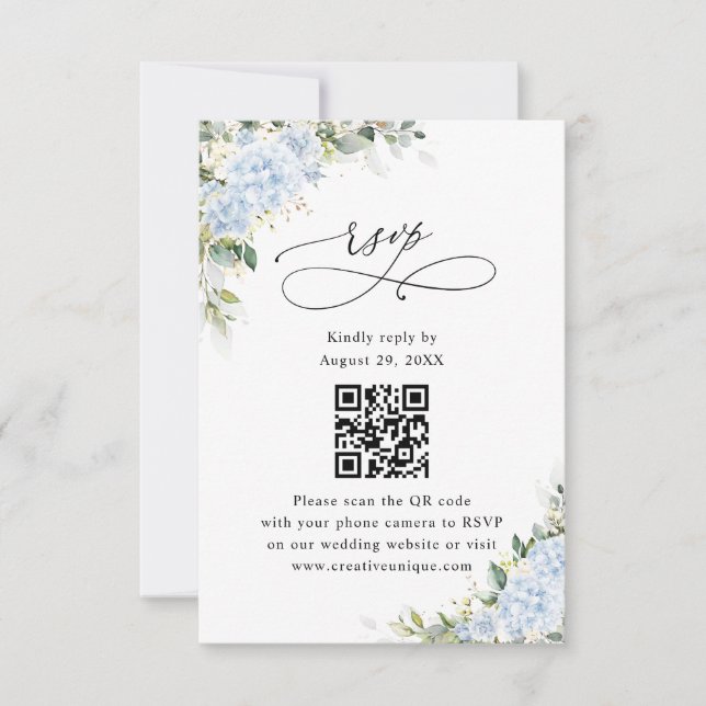 Blå Hydrangea Blommig Bröllopswebbplats QR-kod RSV OSA Kort (Framsida)