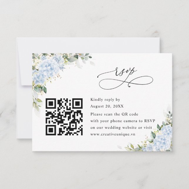 Blå Hydrangea Blommig Bröllopswebbplats QR-kod RSV OSA Kort (Framsida)
