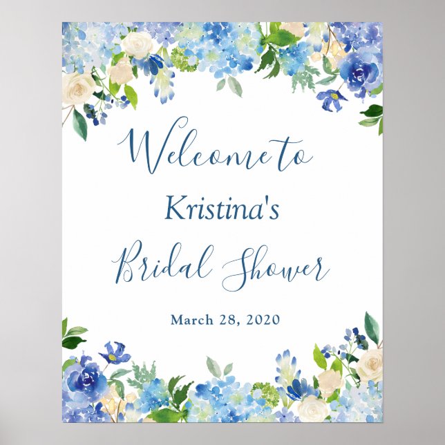 Blå Hydrangea Blommig Chic Bröllopsduschskylt Poster (Framsidan)