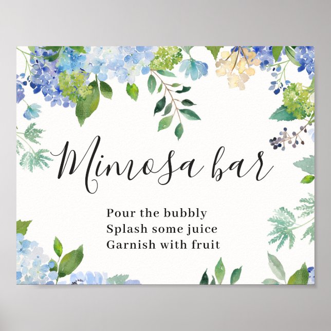 Blå Hydrangea Blommig Chic Mimosa Bar Skylt Affisc (Framsidan)