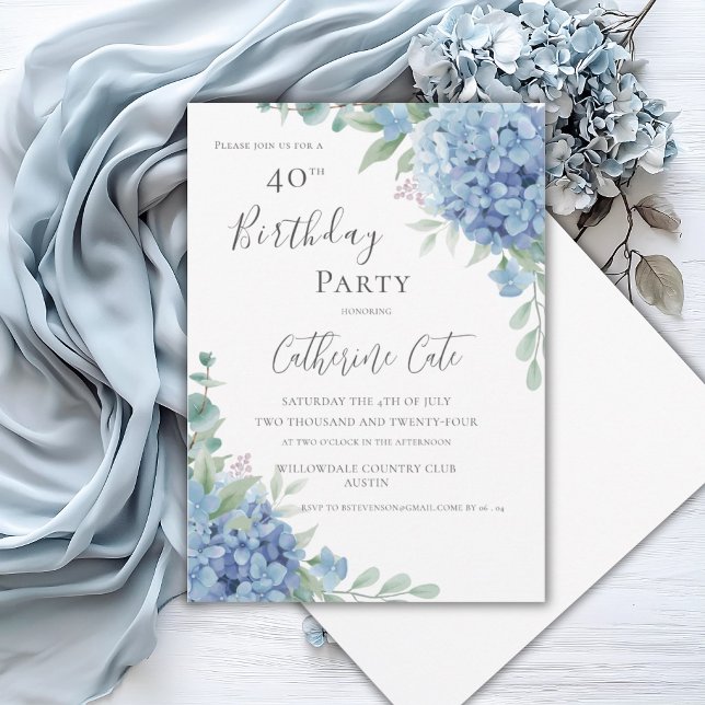Blå Hydrangea Blommig Elegant 40-årsdag Inbjudningar (Skapare uppladdad)