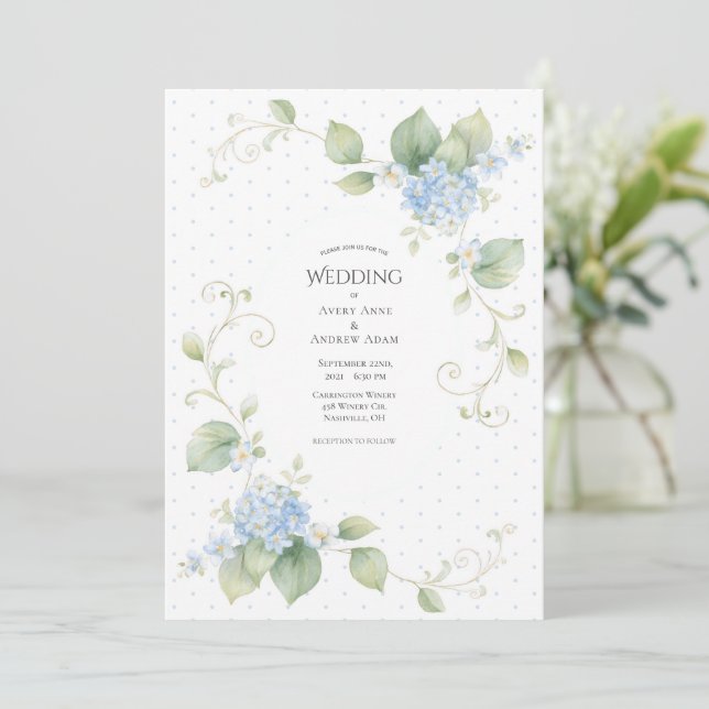 Blå Hydrangea Blommig Elegant Bröllop Inbjudningar (Stående Fram)