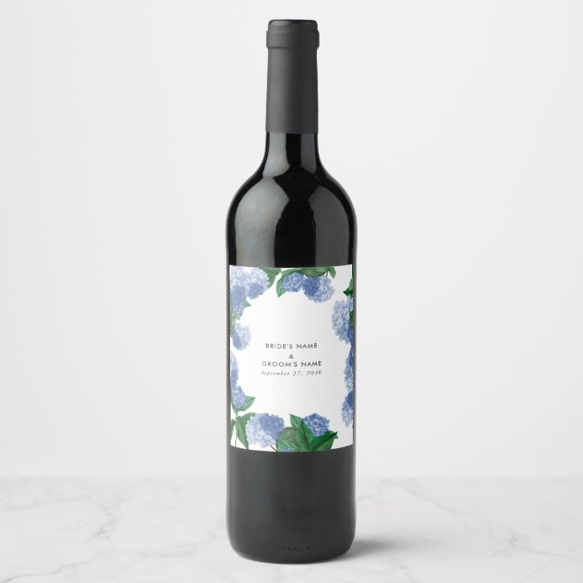 Blå Hydrangea Blommig Grönska Modern Bröllop Vinflaska Etikett (Framsida)