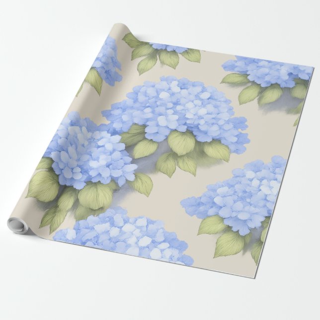 Blå Hydrangea Blommig Inpackningsrulle – Boutique Presentpapper (Utrullad)